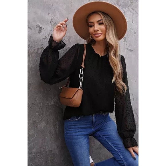 LAST ONE! Plus Size KYLA Black Swiss Dot Bubble Sleeve Blouse - Picture 4 of 5